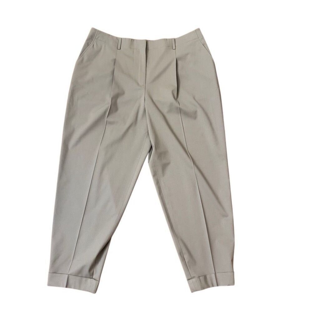 Lafayette 148 Virgin Wool Taupe Pleat Front Cuffed Cropped Dress Pants Size 14